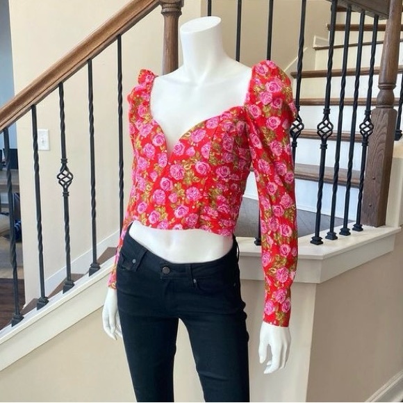 Zara red & pink floral Long sleeve blouse size Small NWT #121 - Picture 3 of 11